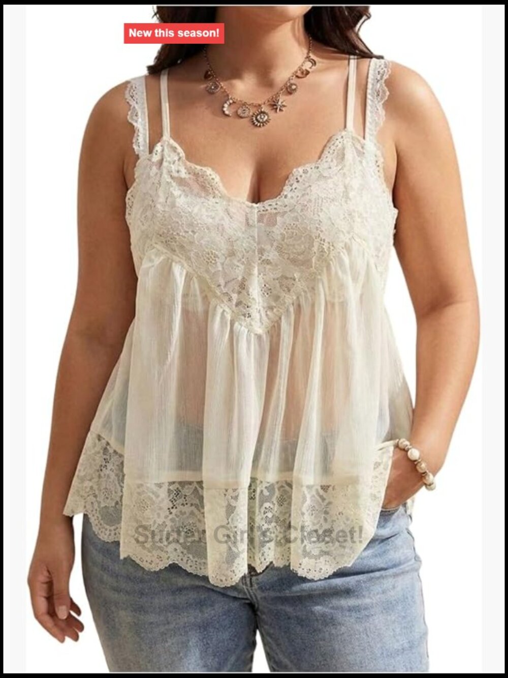 Plus Size Lace Babydoll Tank Top V Neck Sheer Flowy Camisole Summer